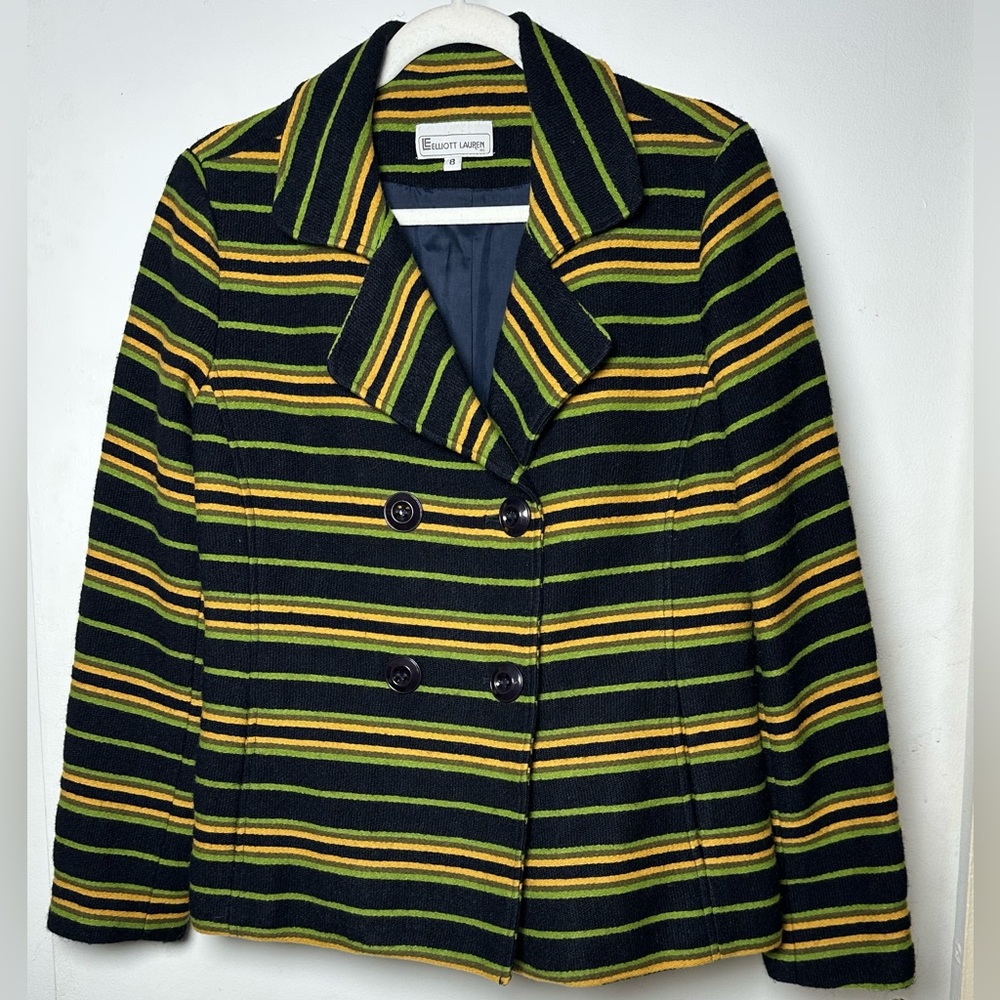 Elliott Lauren Striped Wool Blend Blazer Jacket Green Yellow Black Size 8 USA
